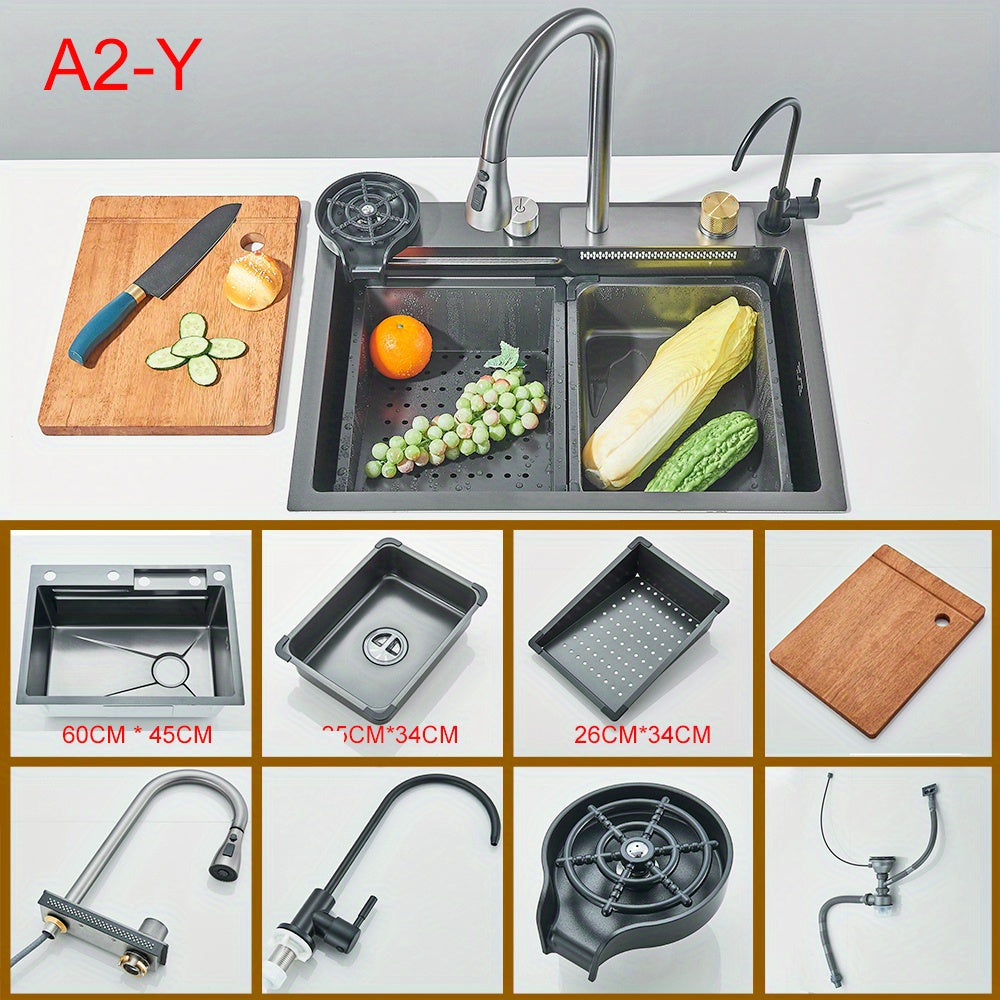 Stainless Steel Kitchen Waterfall Sink Digital Display Large Single Sink Dish Basin Sink With Multifunction Touch Waterfall