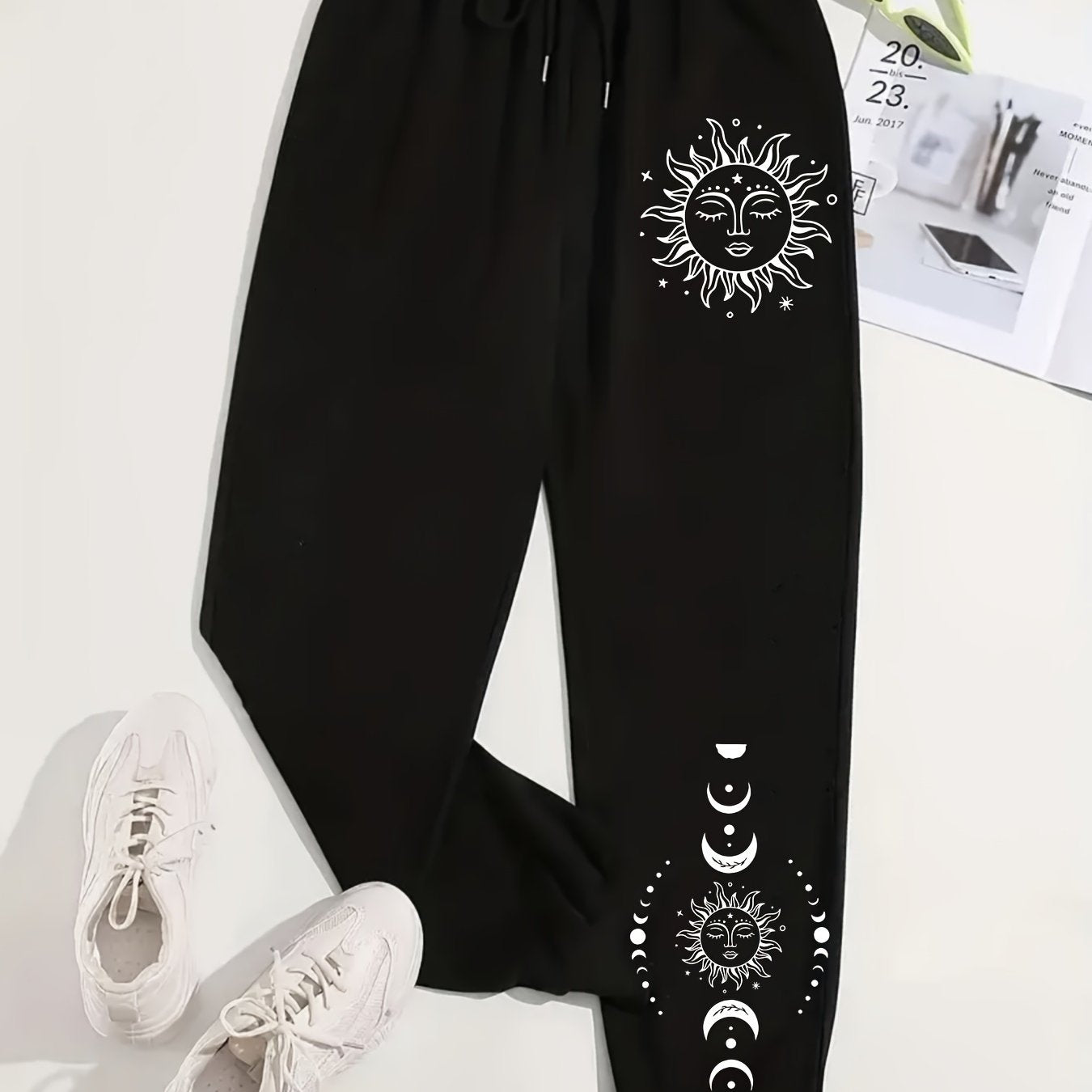 Plus Size Women's Jogger Pants with Sun & Moon Graphics