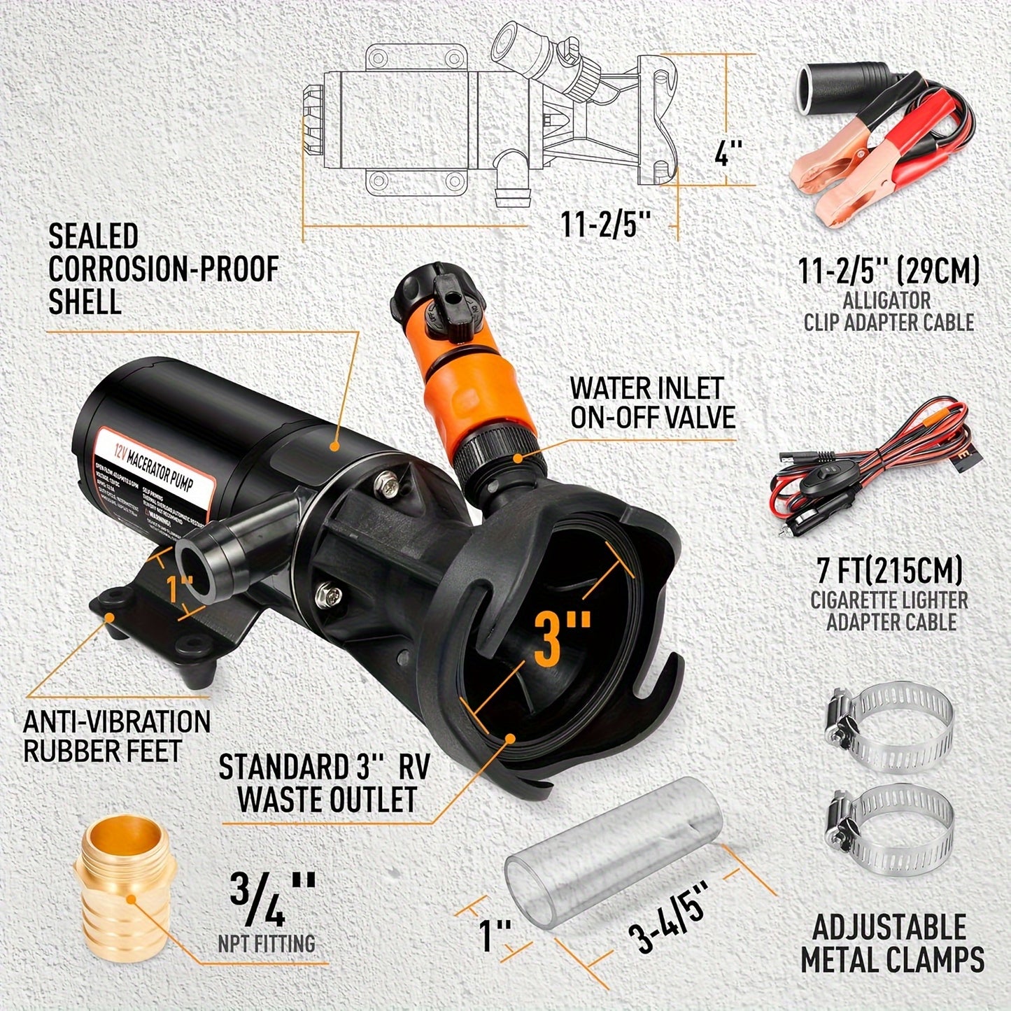 Portable 12V RV Macerator Waste Pump Kit - 12GPM, 3.2ft Lift, 10ft Suction, DC Powered, Complete Set with Copper Wiring & Hoses, Ideal for Right Out of Box Setup