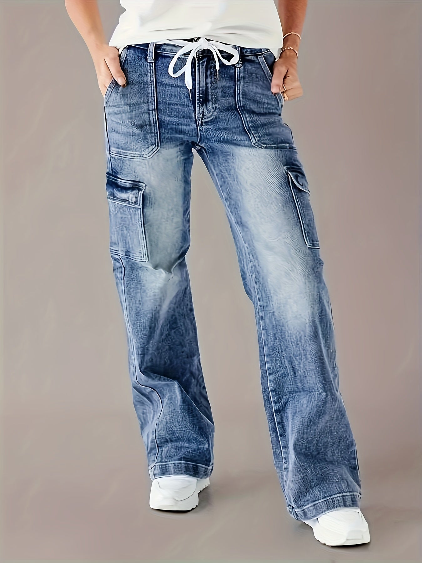 Women's Cargo Jeans - Loose Fit, Slimming Multi-Pocket Design with Drawstring Waist