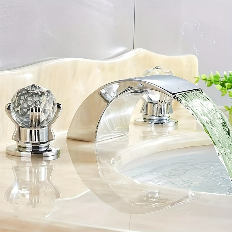 Waterfall Widespread Bathroom Sink Basin Faucet, 3 Hole 2 Handle With LED 8" Widespread LED Bathroom Sink Basin Fauce