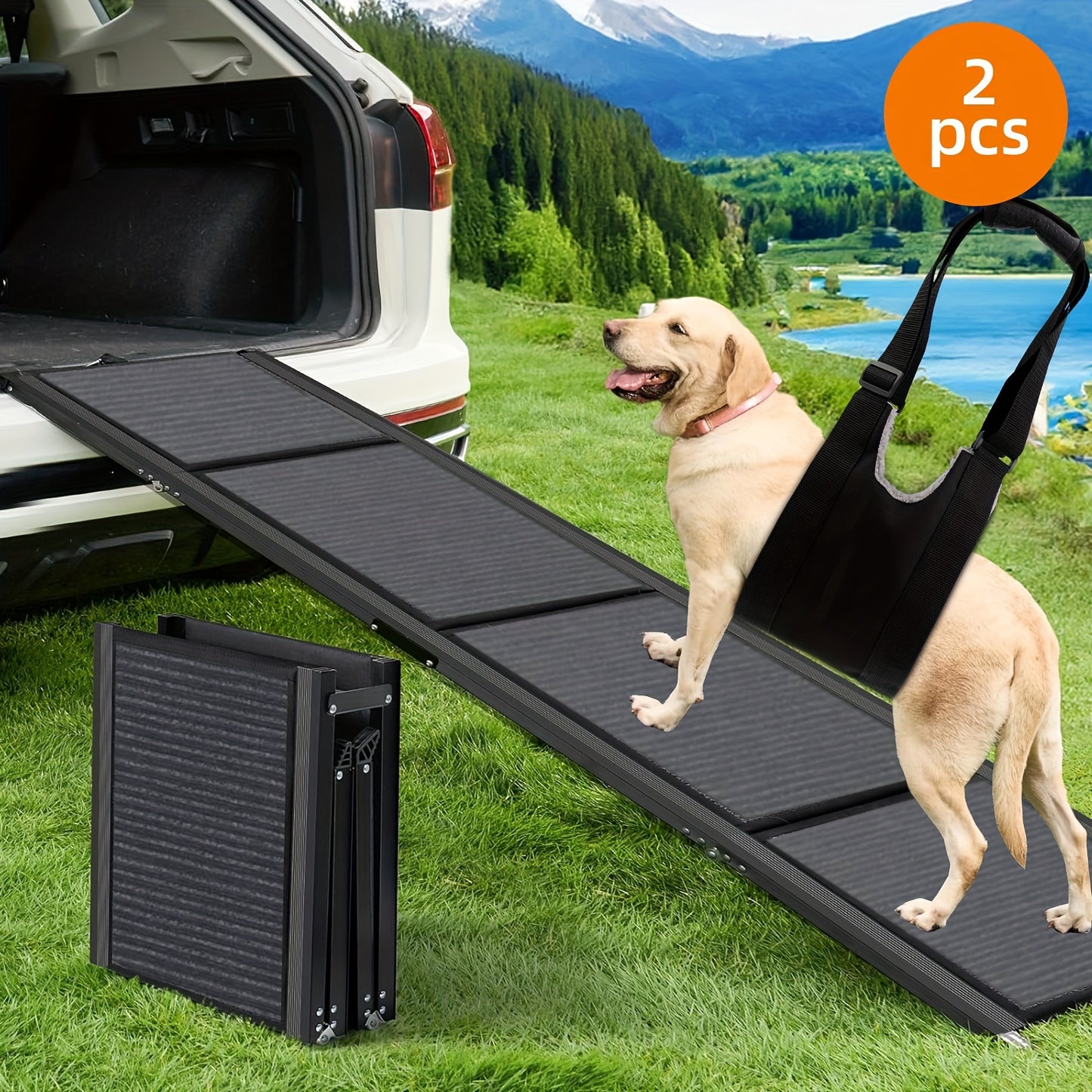 2pcs Dog Ramp For Car, Portable Pet Ramp With 1 Built-in Handle, Folding Dog Ramp For Large And Small Dog