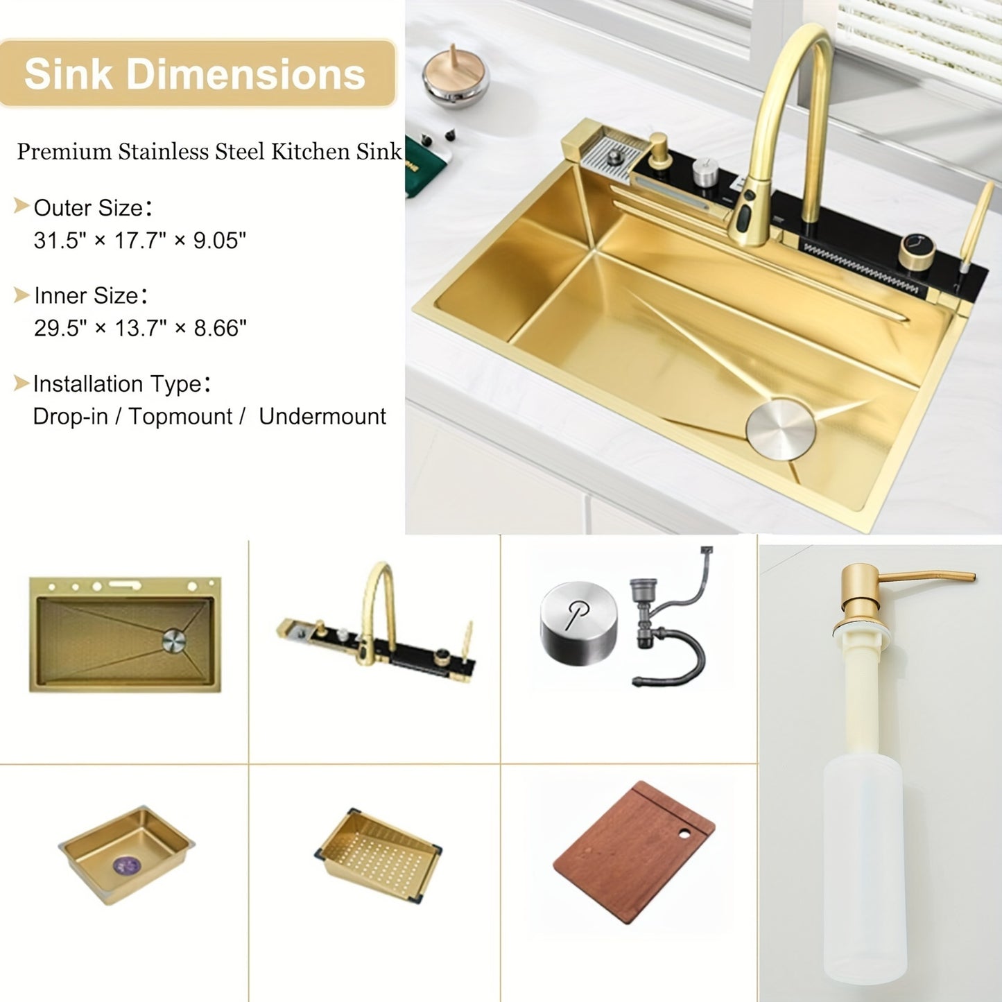 Golden Multifunctional Waterfall Digital Display Sink, 304 Stainless Steel 1 Basin, Smart Sink with Integrated Tap