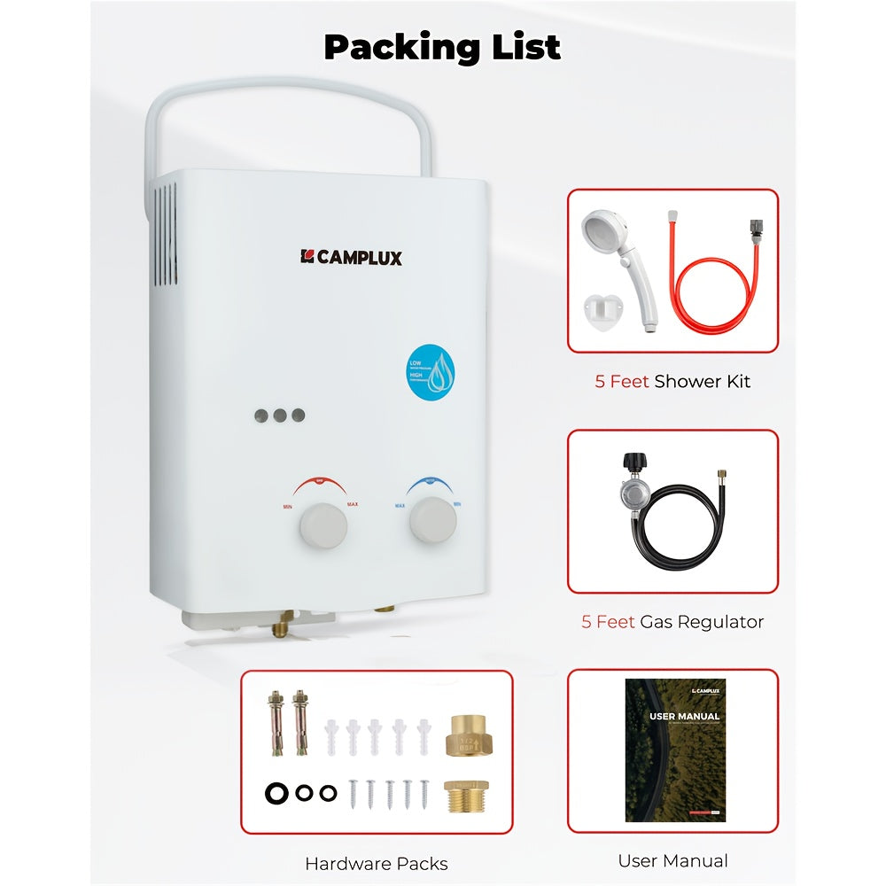 Tankless Water Heater Outdoor, 1.32 GPM Portable Propane Camping Water Heater, 1.32gal