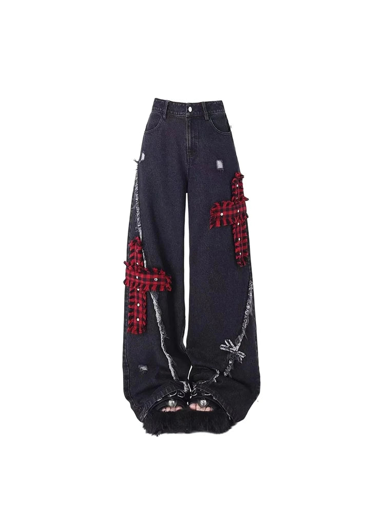 Women's Black Gothic Baggy Jeans Streetwear Cowboy Pants
