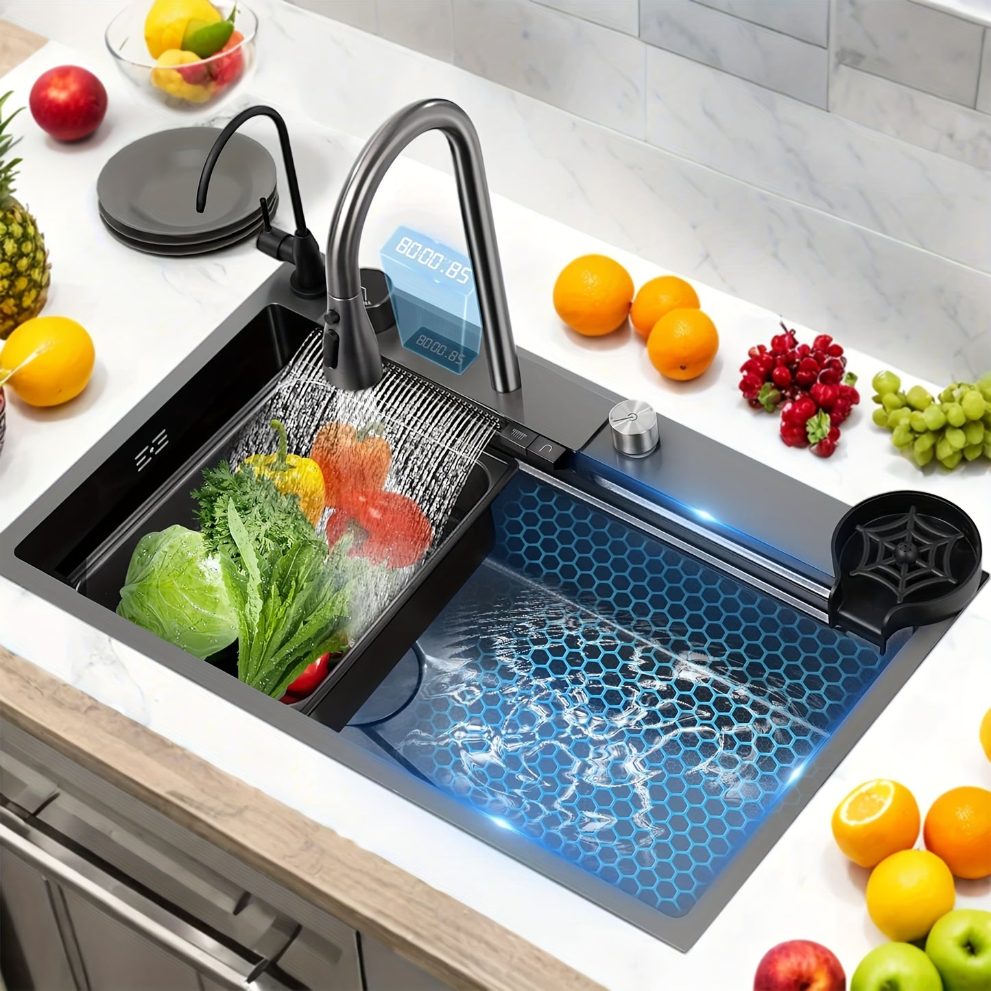 Waterfall Kitchen Sink, 30"/31.5" Drop In Smart Stainless Steel Kitchen Sink With Digital Display And Multifunctional Faucet