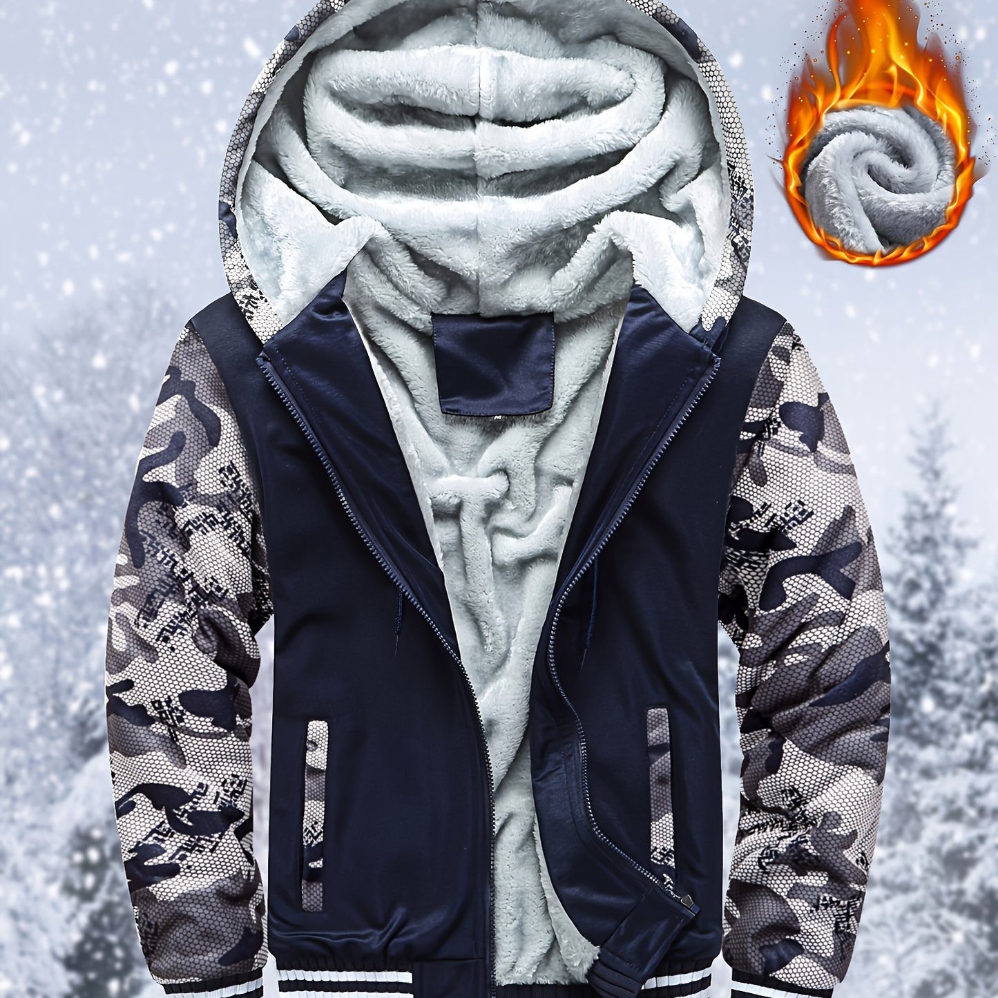 Thick Warm Camo Fleece-Lined Hoodie - Women's Zip-Up Activewear Jacket with Pockets