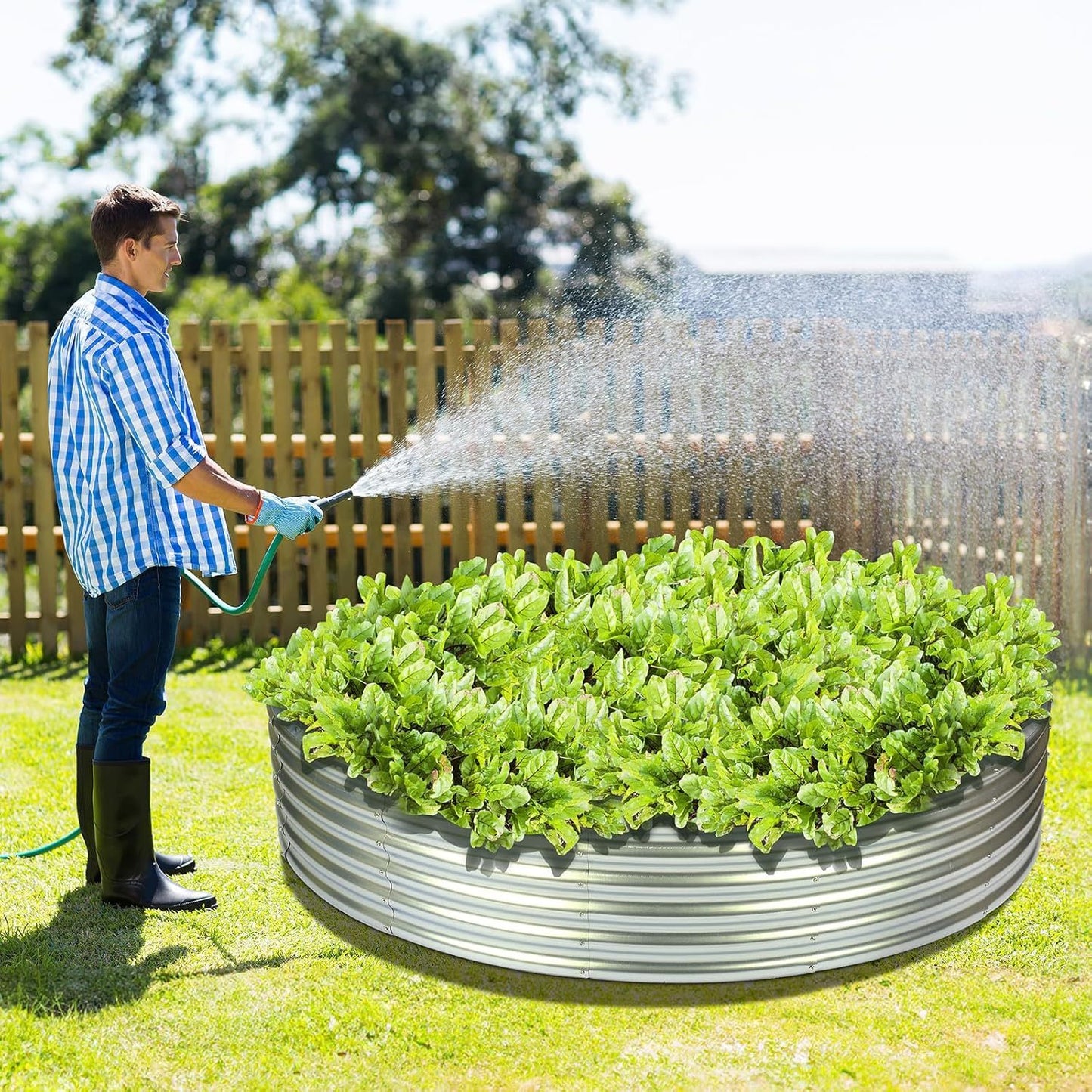 1pc Contemporary Round Galvanized Metal Raised Garden Bed, 4x4x1ft Or Outdoor Fire Pit Ring.