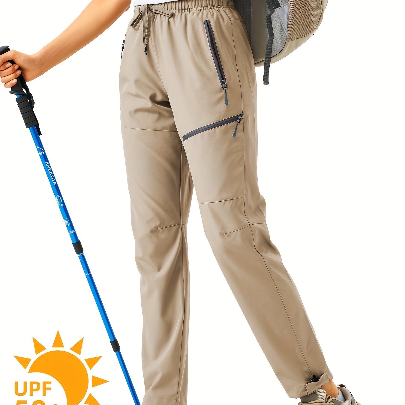 Plus Size Women's Cargo Pants, Lightweight, Quick Dry, Water Resistant, Elastic Waist, Zipper Pockets