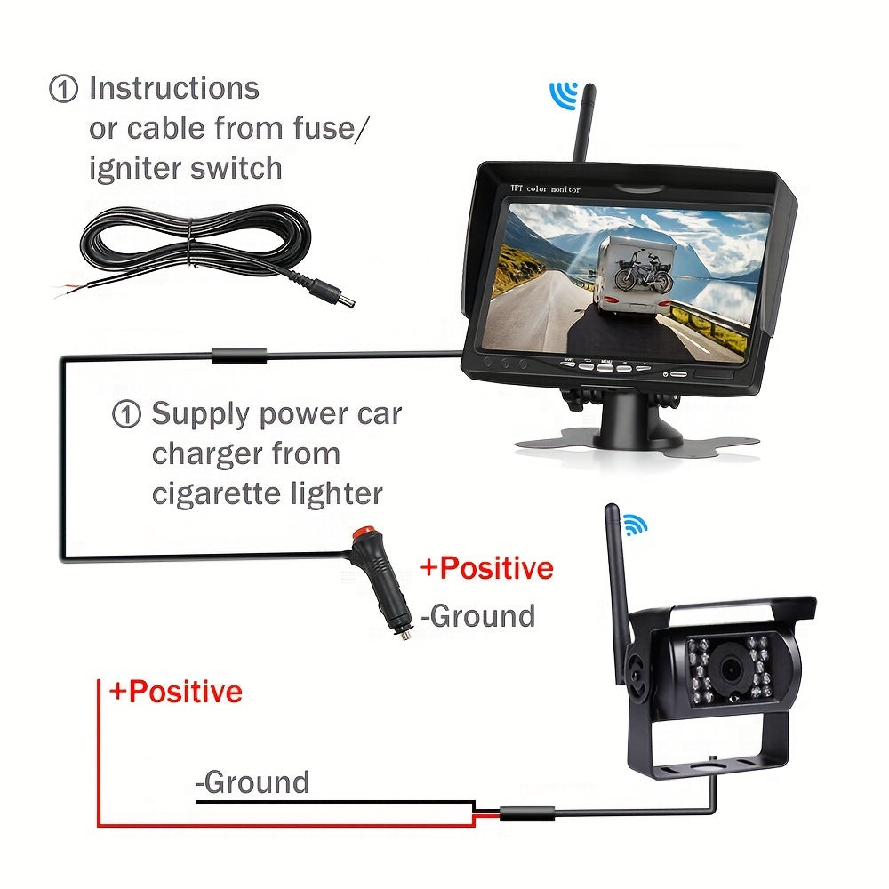 7" Wireless 12v 24v Backup Rear View Camera System, With Night Vision