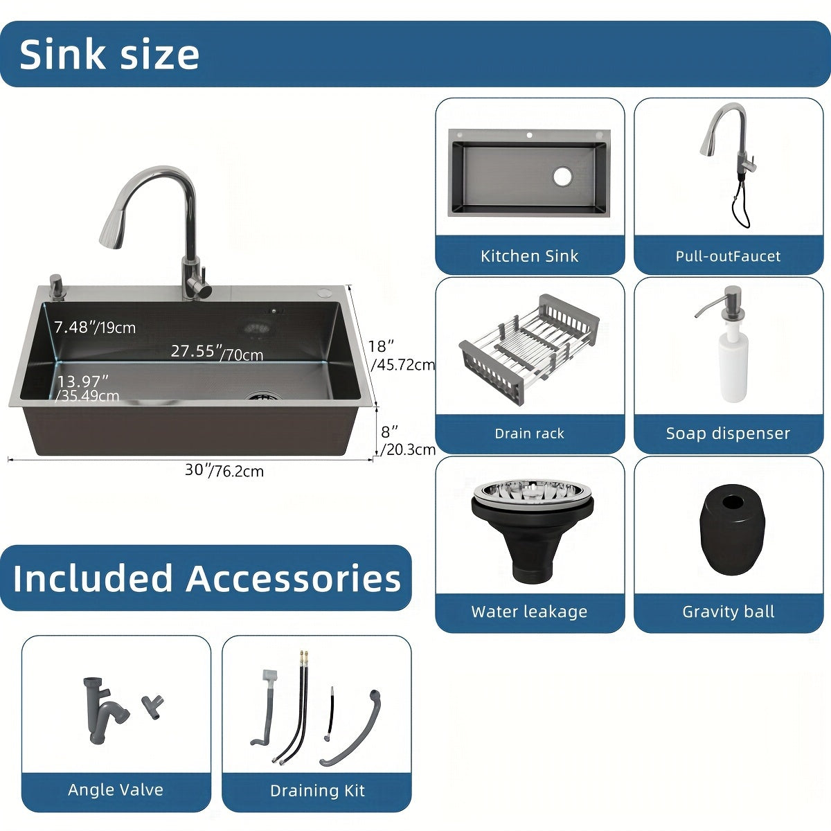 28"/30"/32" Silvery Kitchen Sink Stainless Steel Single Bowl Drop In Top Mount