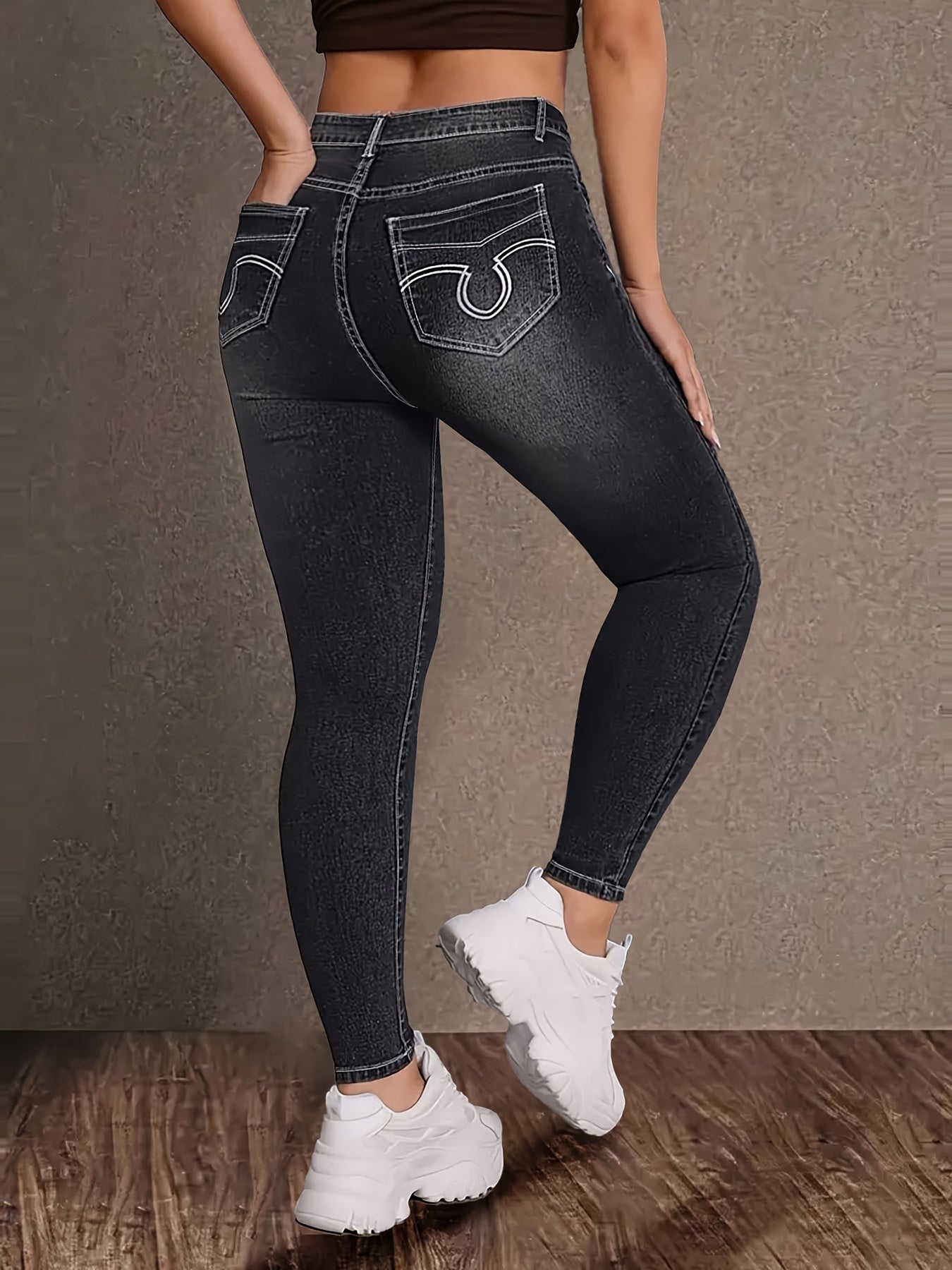 Vintage Black High-Waist Stretch Denim Jeans - Plus Size, Geometric Embroidery, Pockets, Rayon Blend