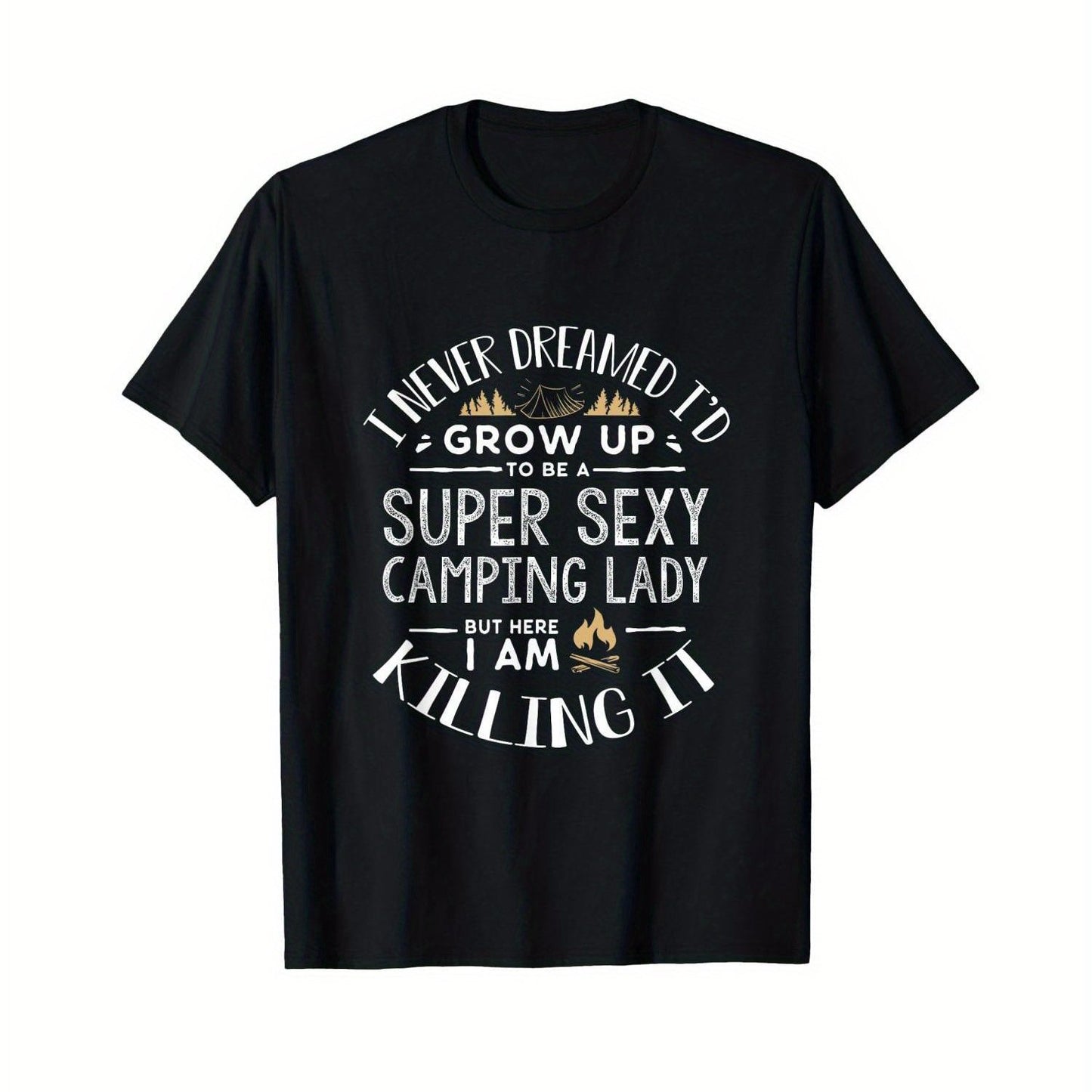 Super Sexy Camping Lady" Humorous Black T-Shirt for Women - Casual Cotton, Short Sleeve, Round Neck, PLUS SIZE