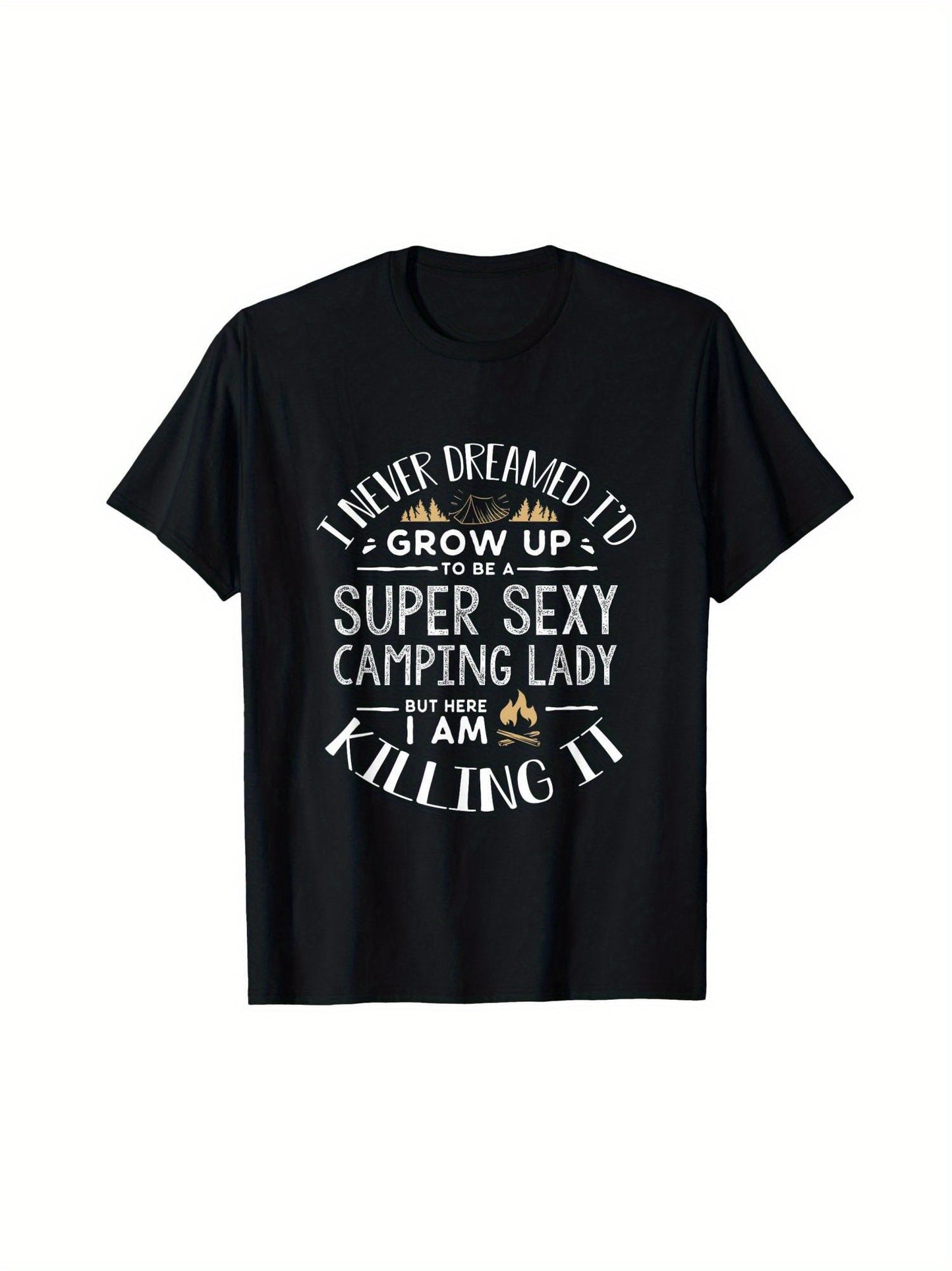 Super Sexy Camping Lady" Humorous Black T-Shirt for Women - Casual Cotton, Short Sleeve, Round Neck, PLUS SIZE