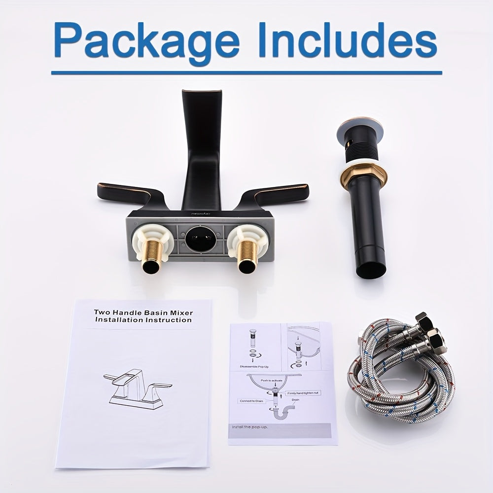 Modern Waterfall Center set Bathroom Sink Faucet - 2-Handle, Brushed Black with Golden Accents