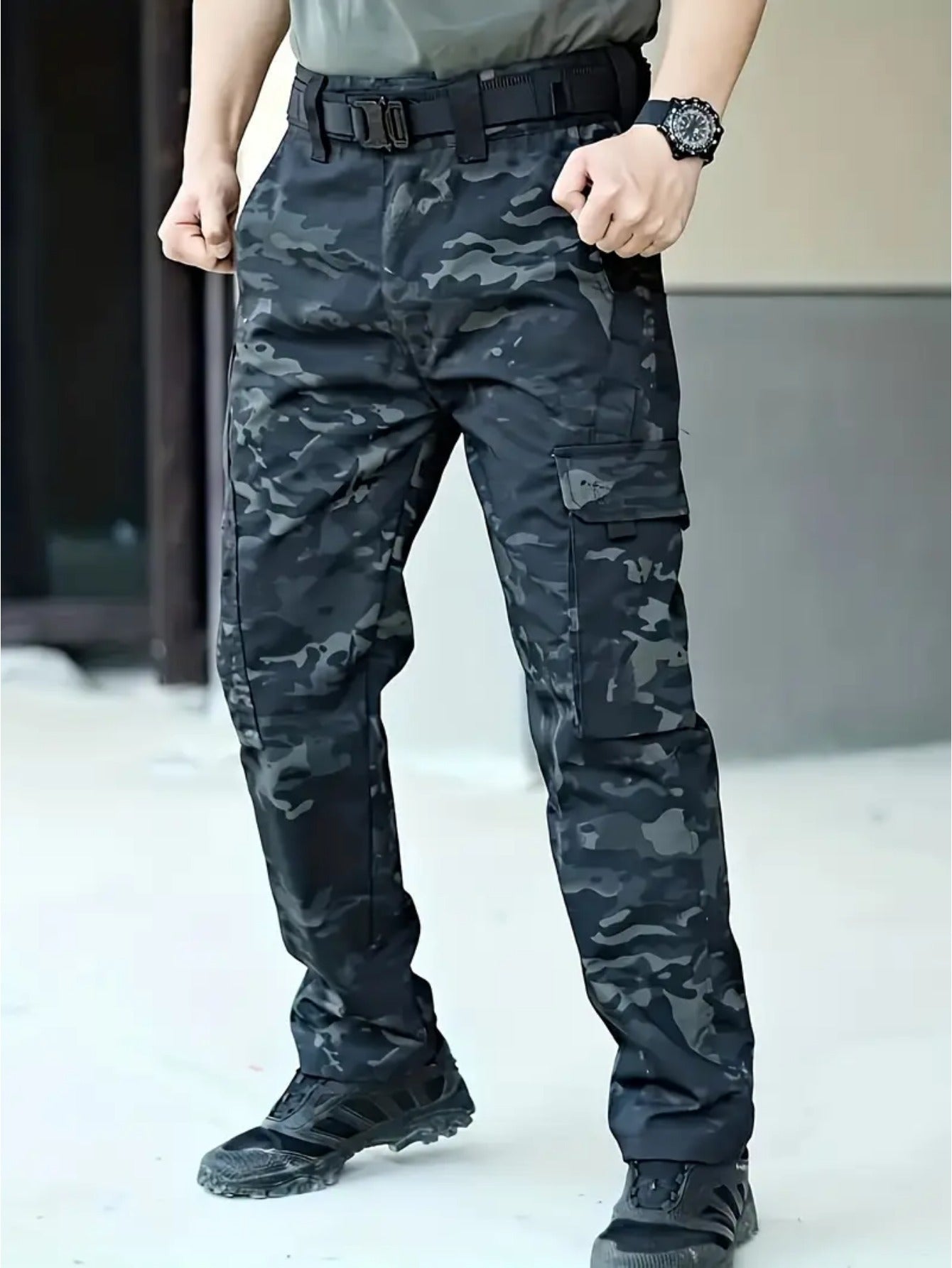 Men's Straight Leg Cargo Pants, Men's Solid Color Cargo Tactical Pants