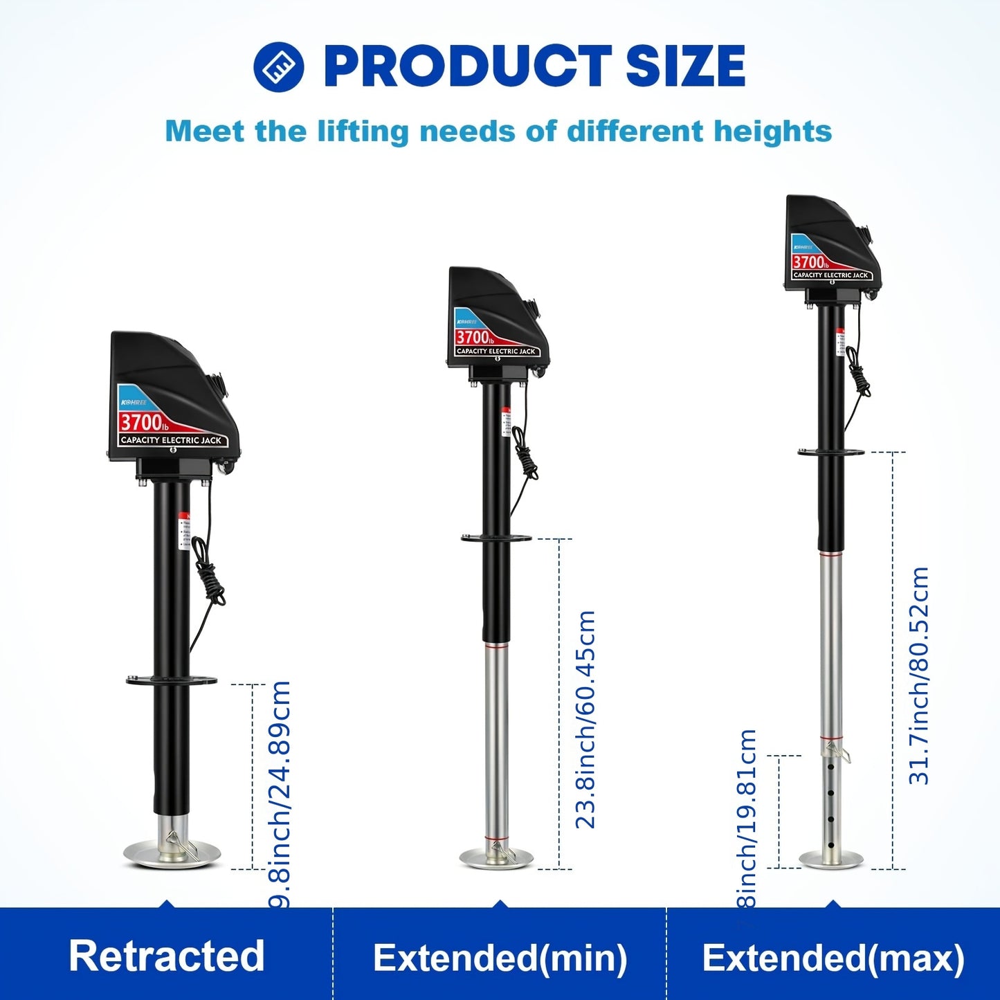 RV Electric Trailer Jack 5000lbs/3700lbs, Tongue Jack with Waterproof Cover & LED Work Light, Easy Install, 22" Lift, 12V DC