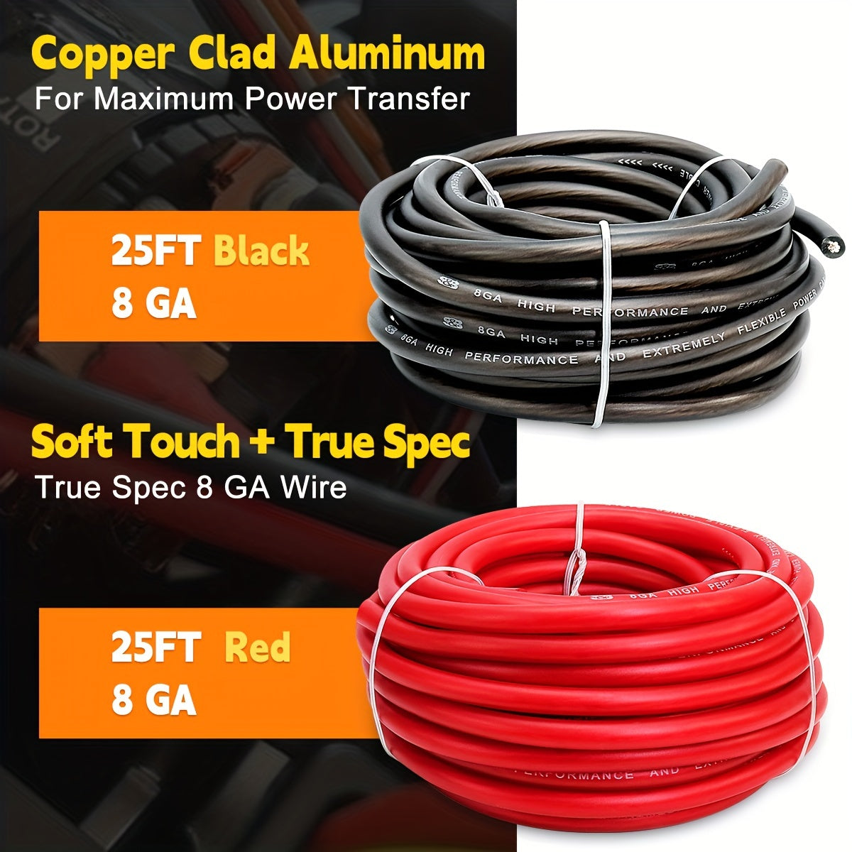 8 Gauge Wire 50ft CCA Wire, (25ft Black+25ft Red) Battery Cable