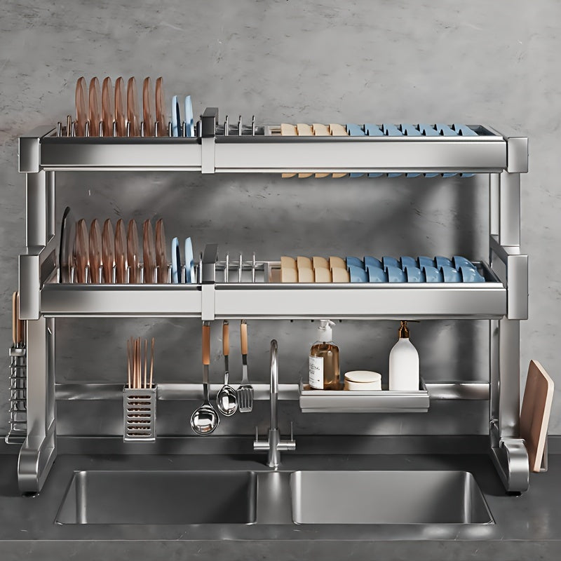 Telescopic 304 Stainless Steel Kitchen Sink Rack, Length Adjustable Cabinet Countertop Sink Dish Storage Rack