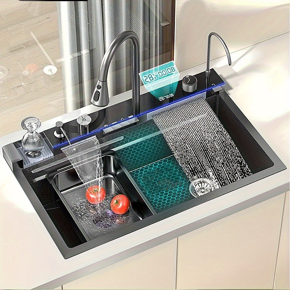 Multi-function Digital Display Waterfall Kitchen Sink, Black Stainless Steel Sink With Two Waterfalls And A Cup Washer