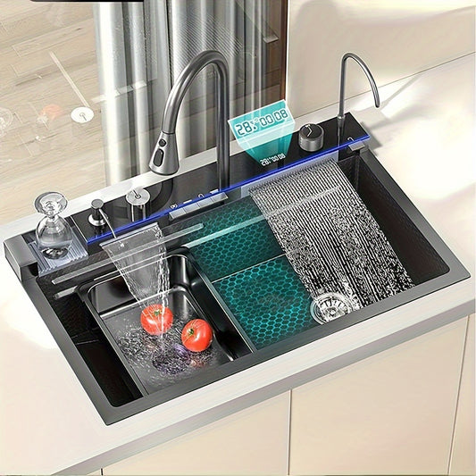 Multi-function Digital Display Waterfall Kitchen Sink, Black Stainless Steel Sink With Two Waterfalls And A Cup Washer