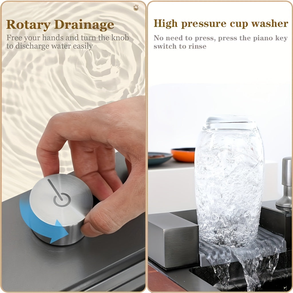 Extra Large Modern Black Stainless Steel Kitchen Sink with Digital Display, Dual Waterfall Design & Cup Holders