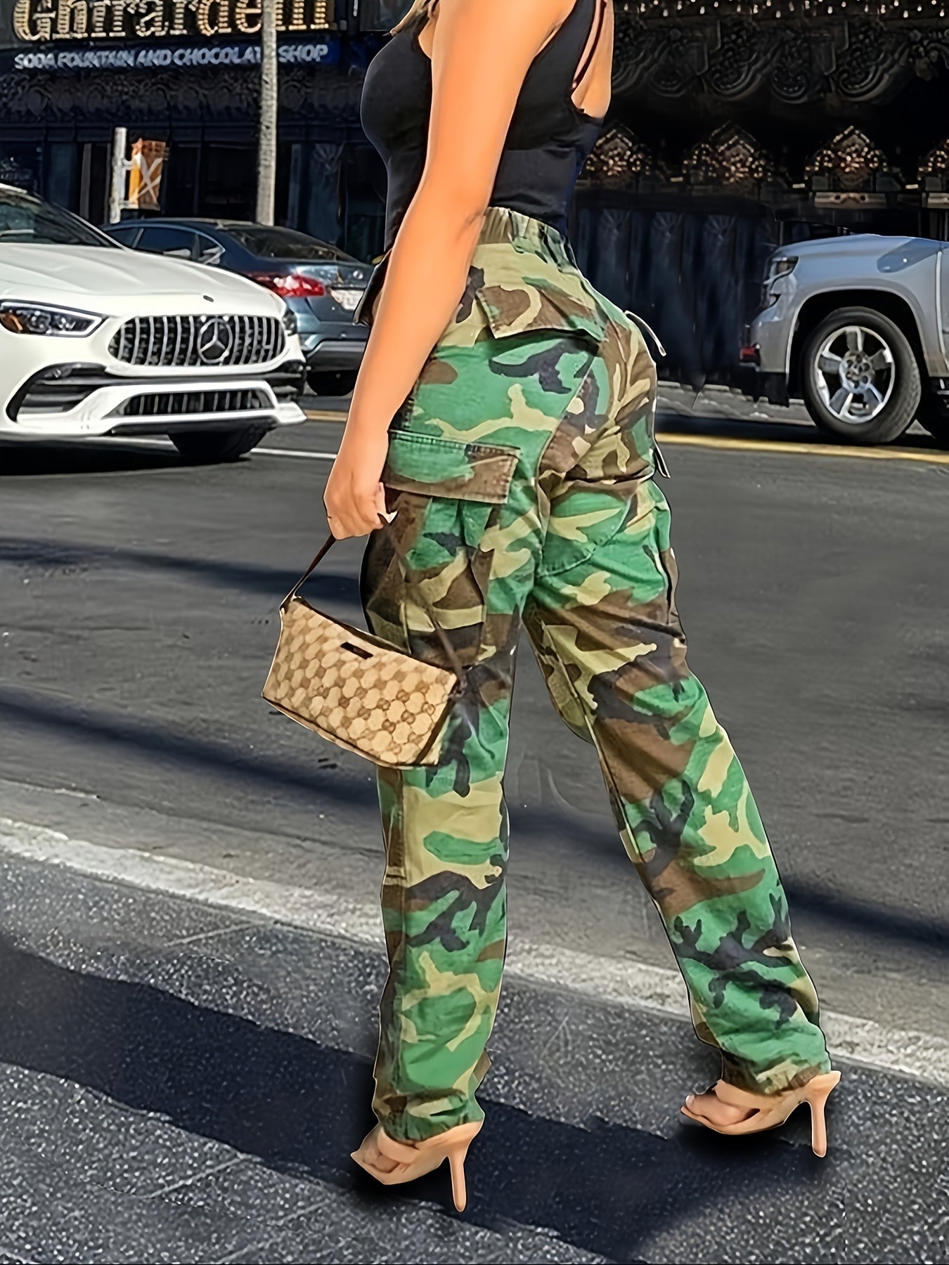 High-Waisted Women's Camo Cargo Pants, Polyester & Viscose Blend - Straight Fit, Machine Washable, with Pockets