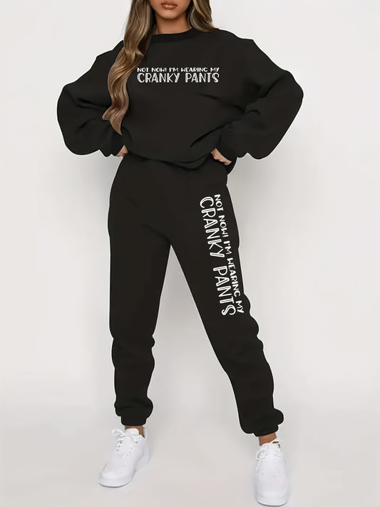 Women's Plus Size Two-Piece Set - "I DON'T GIVE A CHANkey PANTS" Print, Black Long Sleeve Hoodie & Joggers, Polyester, Machine Washable