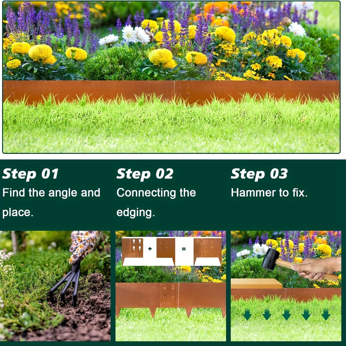 Steel Edging Steel Landscape Edging Garden Bed Metal Border Edge Rusted Rustic Patina 40 Inch Strips 5 Inch Depth, 6 Pcs