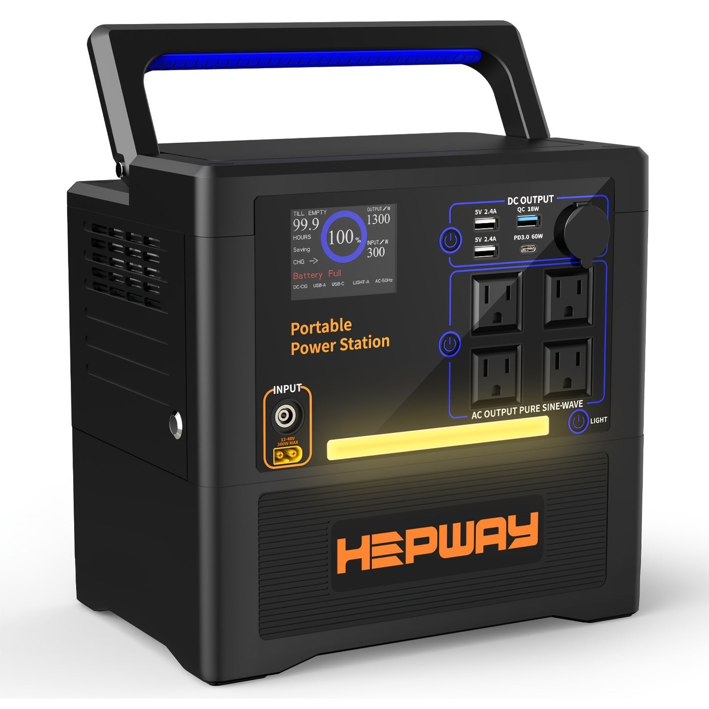 1300W Portable Power Station with AC Outlet, Pure Sine Wave, DC & USB QC3.0 Outputs, 52Ah Lithium Battery