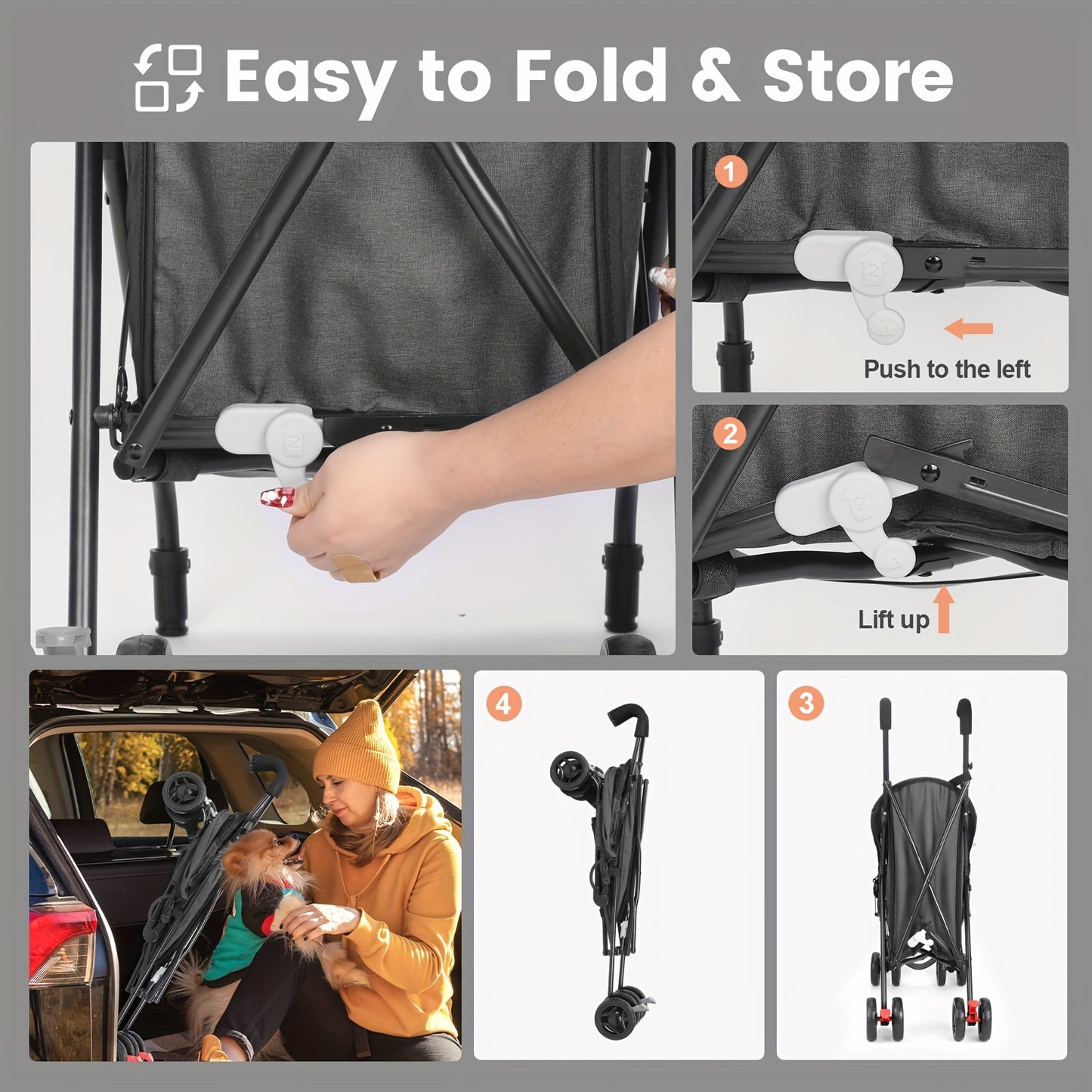 Pet Stroller for Small Dogs Cats, Up to 33 LBS with Storage Basket & Cup Holder, Dark gray