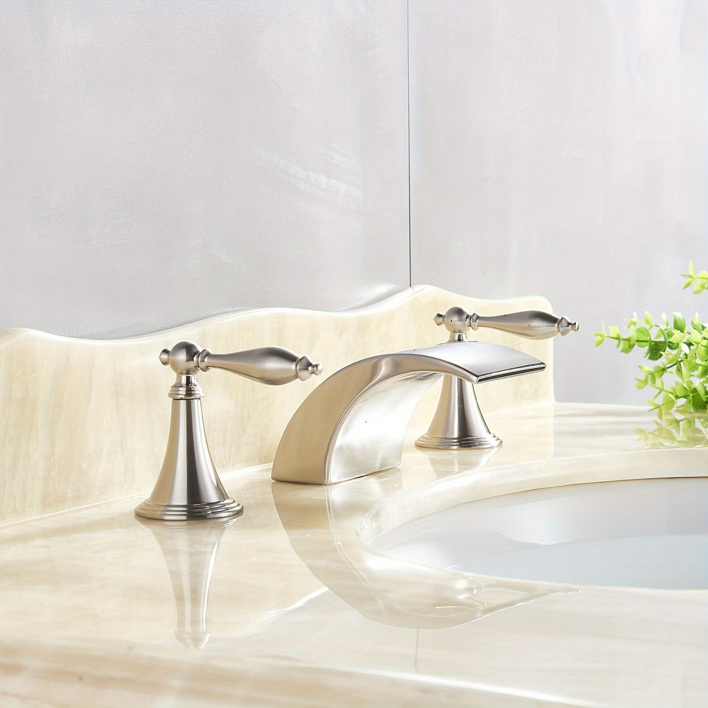 Waterfall Widespread Bathroom Sink Basin Faucet, 3 Hole 2 Handle With LED 8" Widespread LED Bathroom Sink Basin Fauce