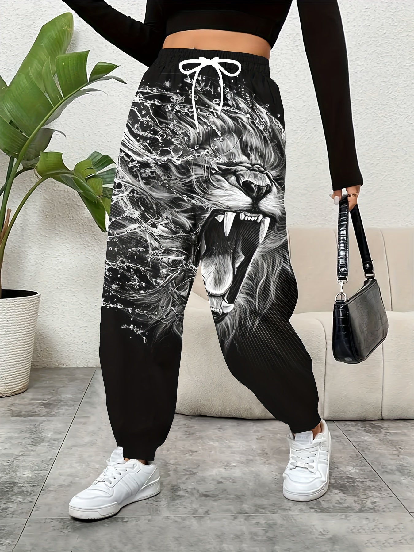 Casual Elastic Waist Pants - Lion Print Drawstring Baggy Pants with Pockets for Every Day
