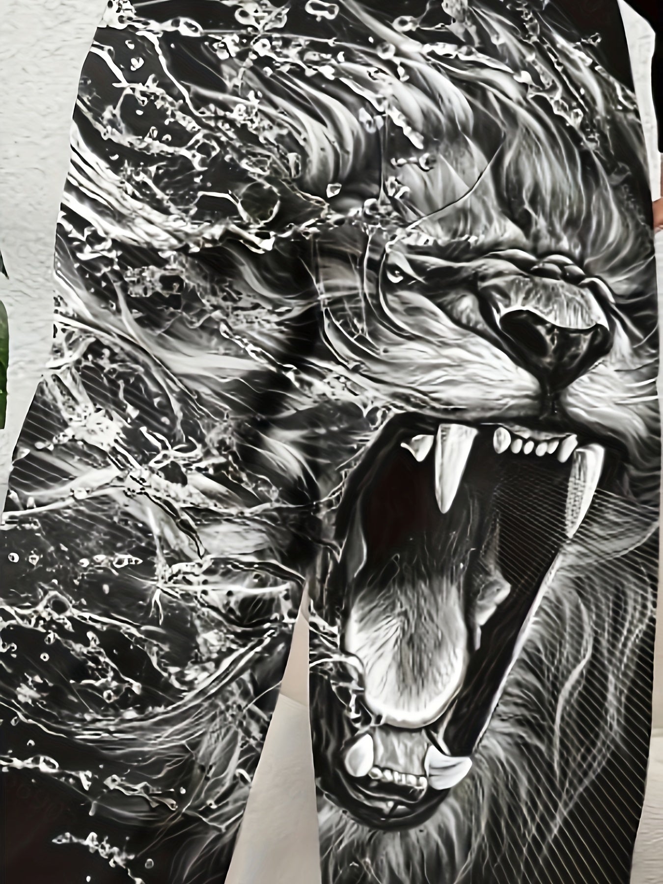 Casual Elastic Waist Pants - Lion Print Drawstring Baggy Pants with Pockets for Every Day