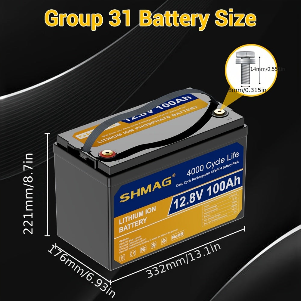 12.8V 100Ah 1280Wh LiFePO4 Battery, 20000+ Deep Cycle Rechargeable Lithium Batteries, Built-in 100A BMS