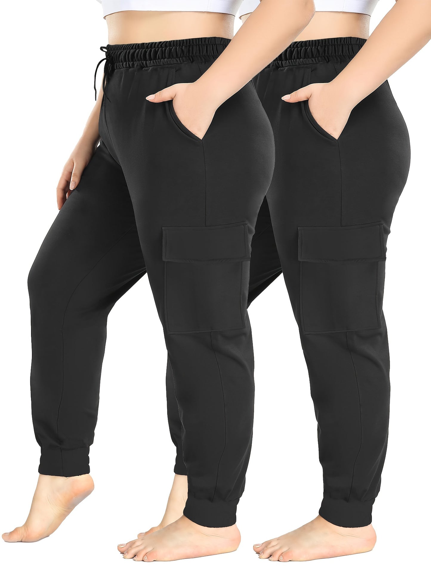 High Stretch 2-Pack Plus Size Drawstring Cargo Pants - With Pockets