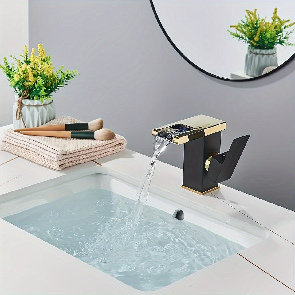 Waterfall Bathroom Faucet Black & Golden Led Light 3 Colors Changing Spout
