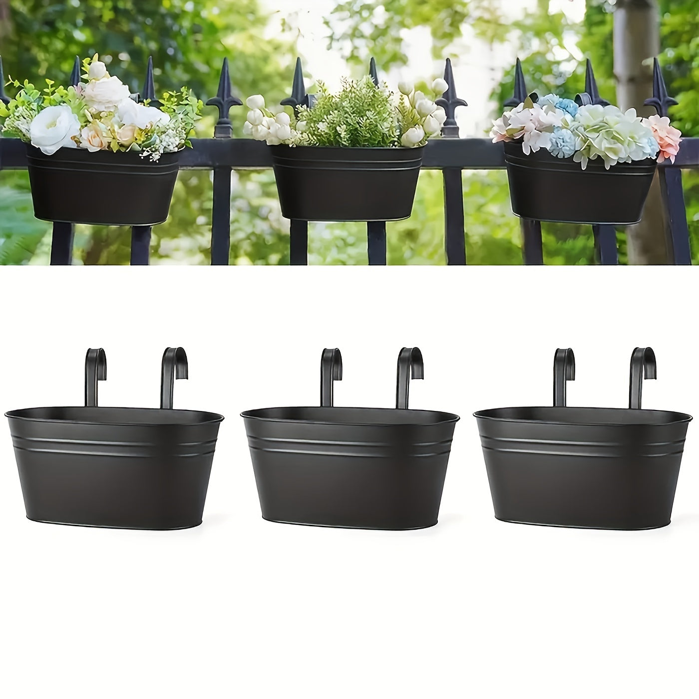 3/5 Pcs Large Iron Hanging Flower Pots - Caddies With Drainage Holes And Hooks For Outdoor Plants
