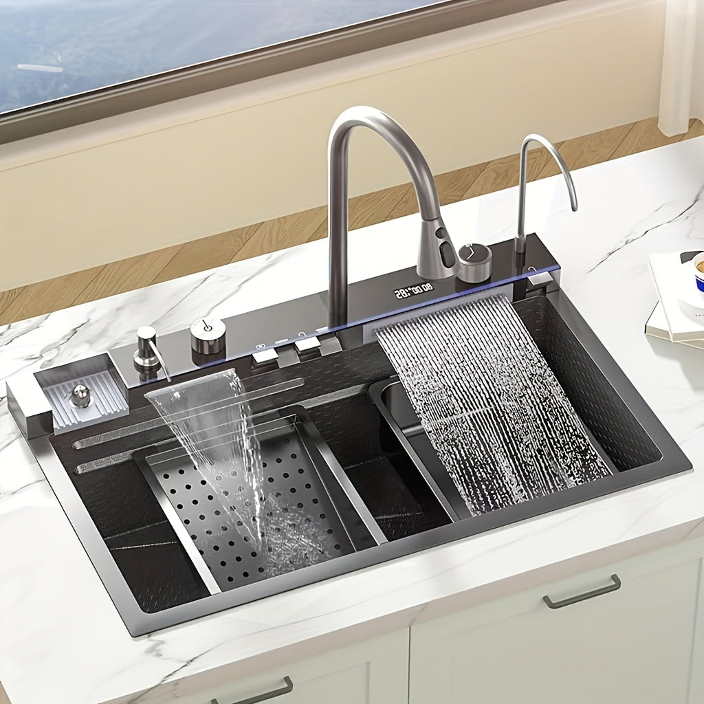 Extra Large Modern Black Stainless Steel Kitchen Sink with Digital Display, Dual Waterfall Design & Cup Holders
