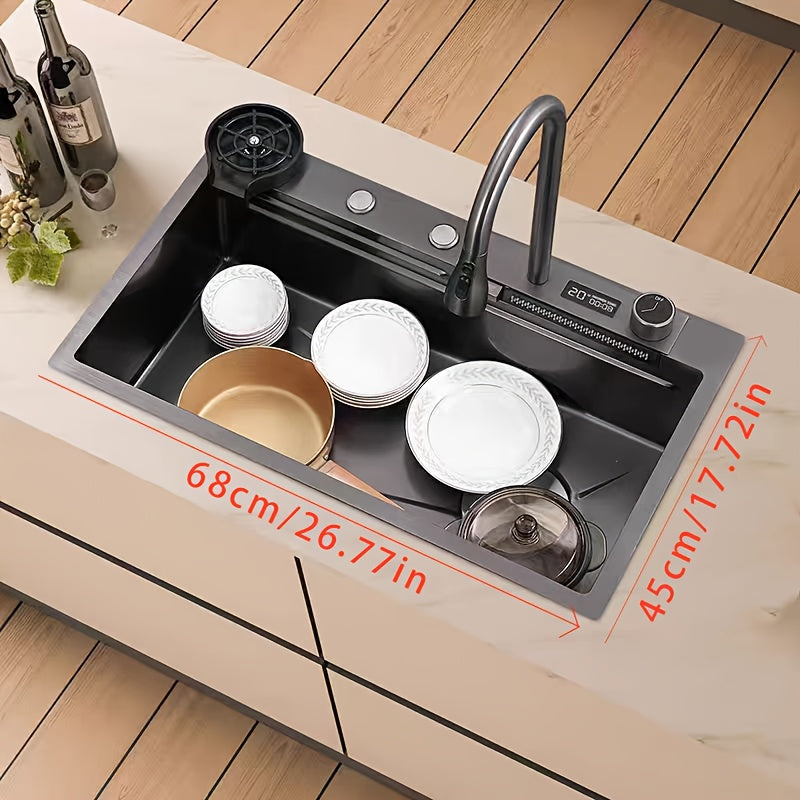 Waterfall Kitchen Sink With Faucet, Sink With LED Display Screen, Top Mounted