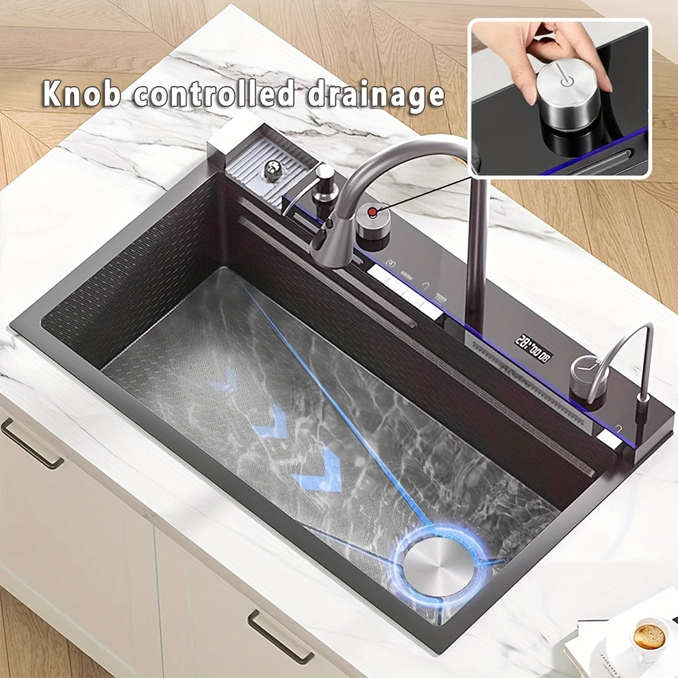 Extra Large Modern Black Stainless Steel Kitchen Sink with Digital Display, Dual Waterfall Design & Cup Holders