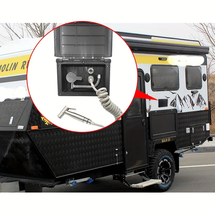 RV Water Container with Foldable Faucet & Quick-Connect Shower Head - Durable Plastic
