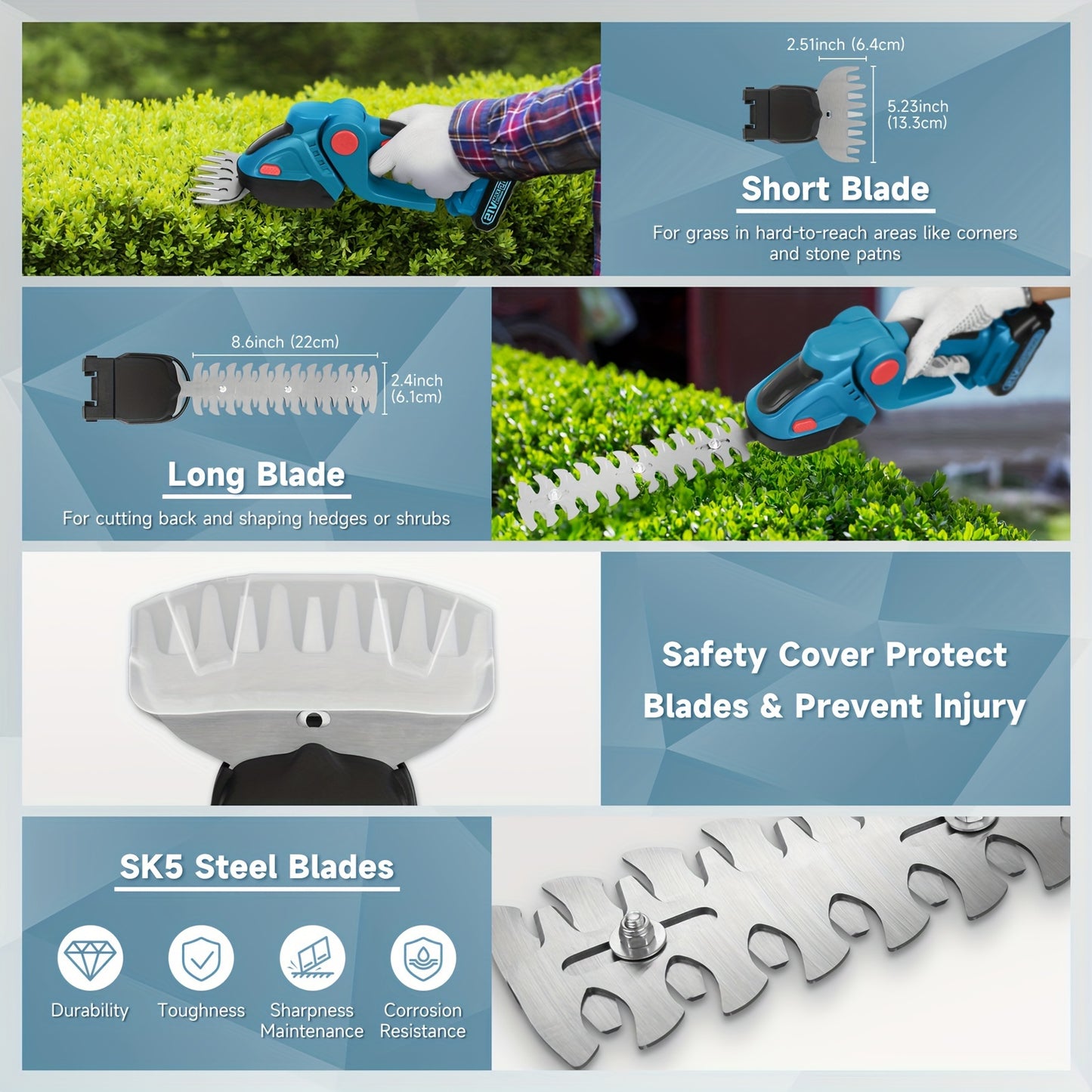 Hedge Trimmer Cordless, 2 in 1 Handheld Cordless Grass Shear with 2 Pcs Rechargeable Battery's and Charger