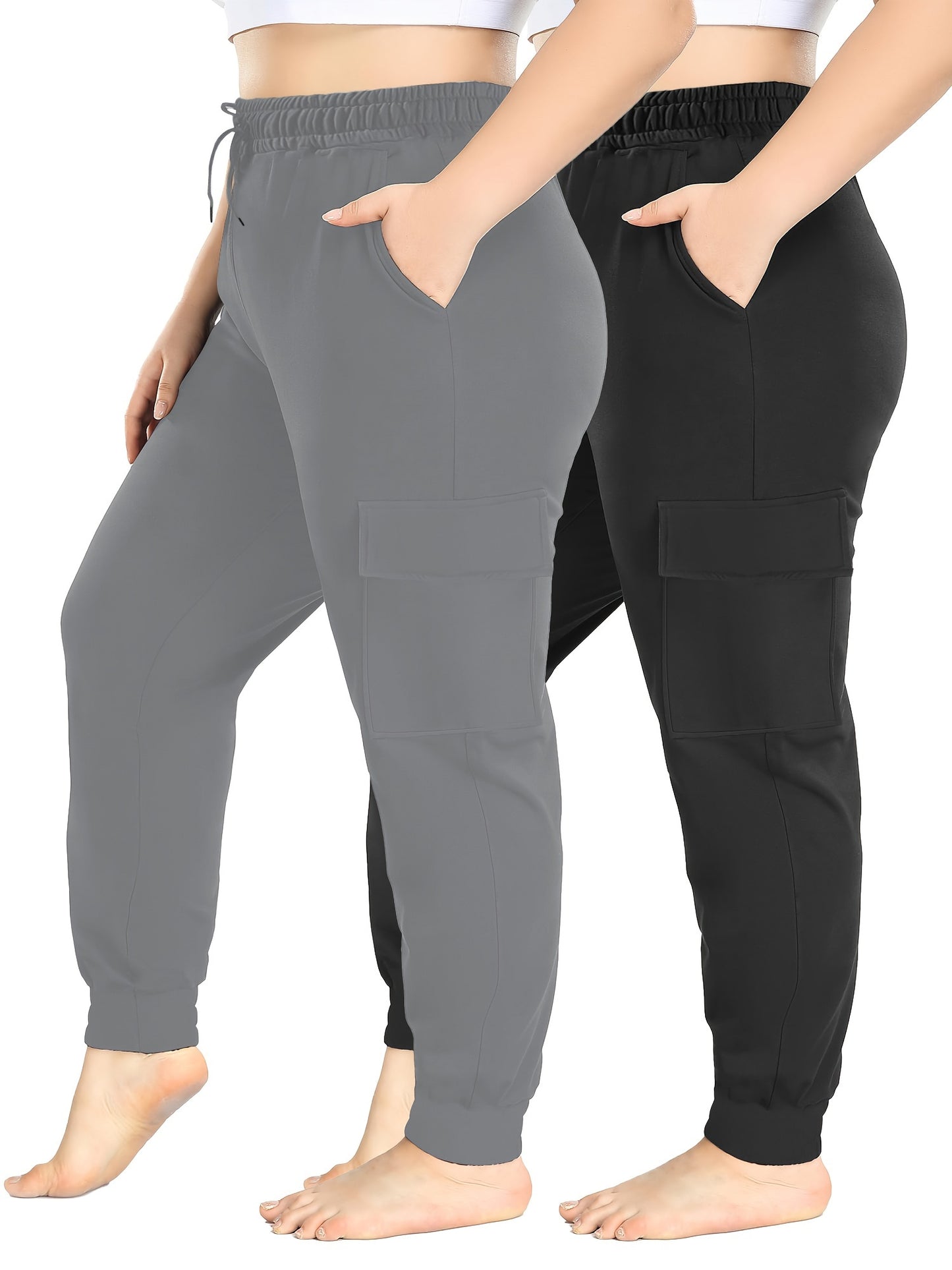 High Stretch 2-Pack Plus Size Drawstring Cargo Pants - With Pockets