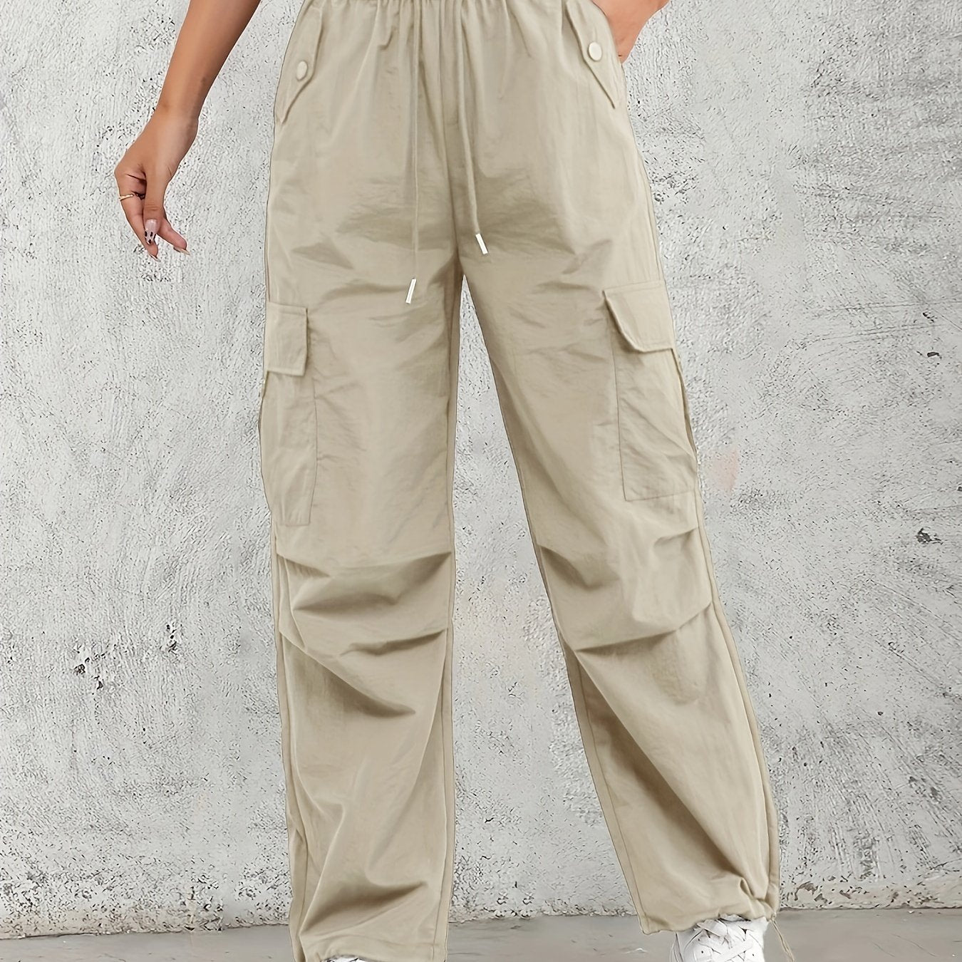 Women's High-Waist Cargo Pants with Elastic Drawstring Waistband, Multi-Pocket Design