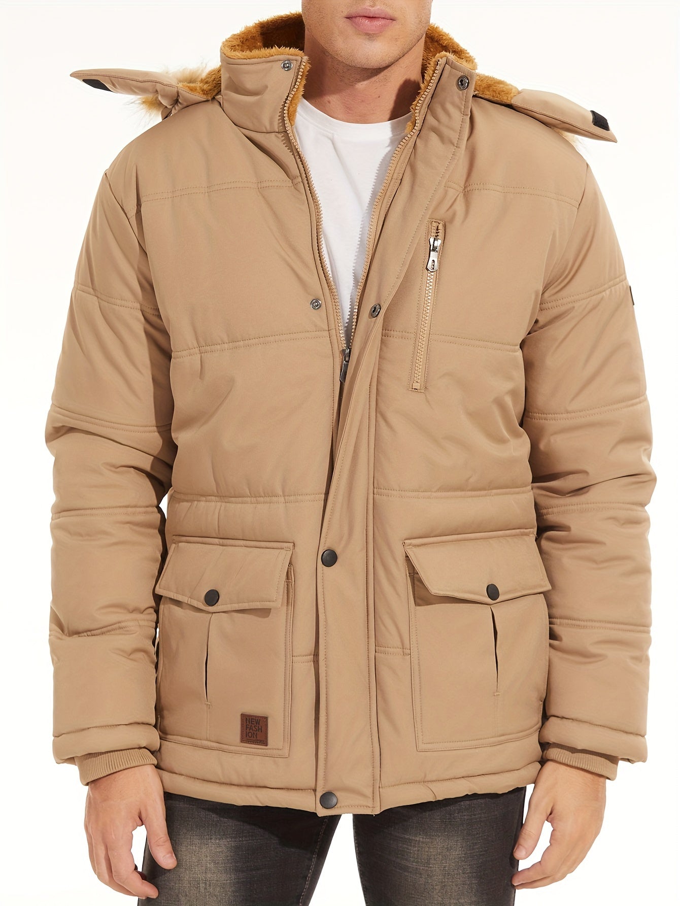 Big And Tall Men's Jacket Winter Full-Zip Fleece Lined Windproof Water-Resistant, Adjustable Hood - 5 Pocket Design Practical Storage Adjustable Cuffs And Hem