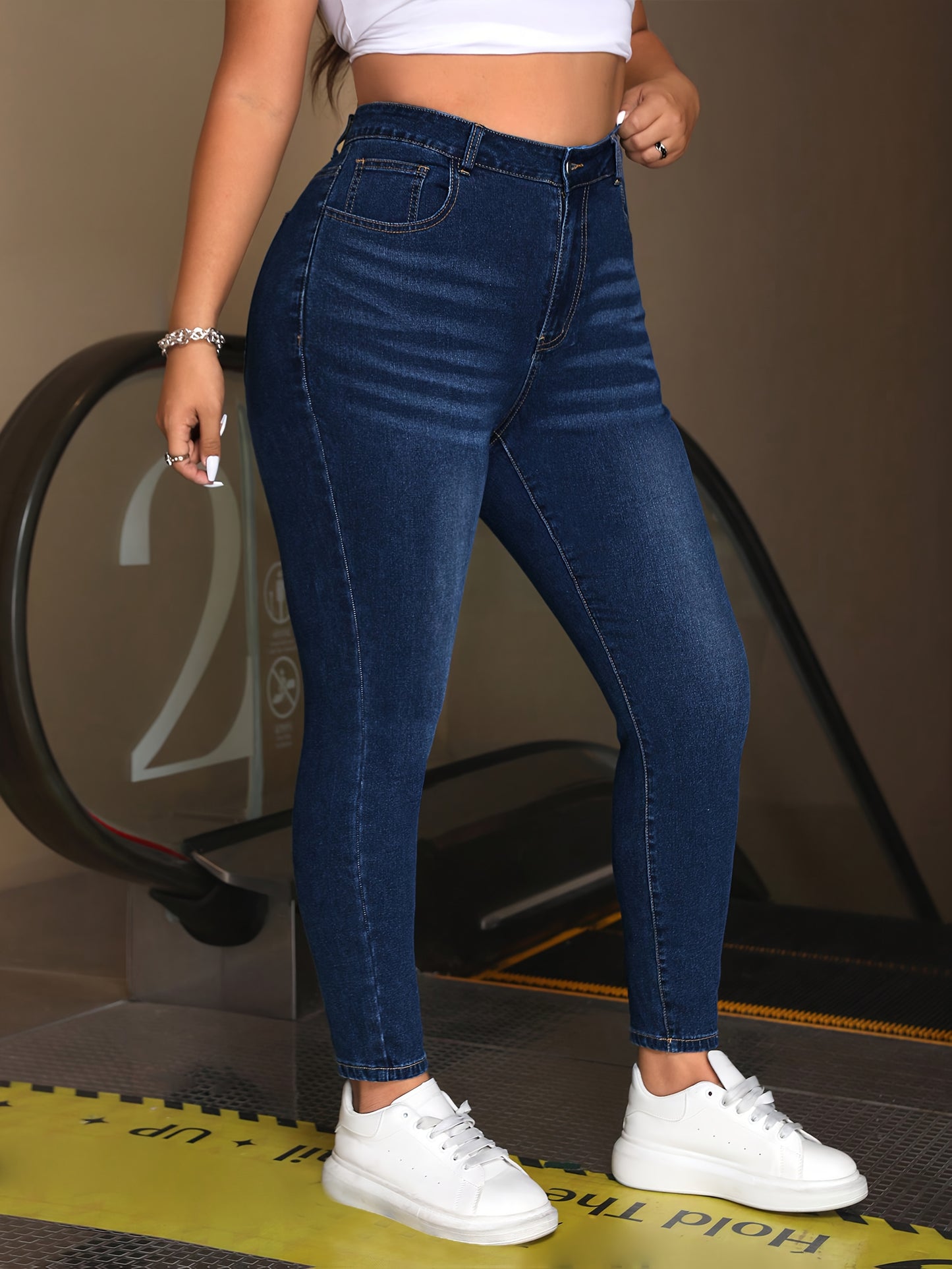 Women's High-Waist Stretch Denim Jeans with Elastic Waistband Detail