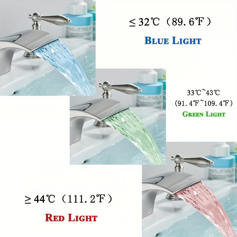 Waterfall Widespread Bathroom Sink Basin Faucet, 3 Hole 2 Handle With LED 8" Widespread LED Bathroom Sink Basin Fauce