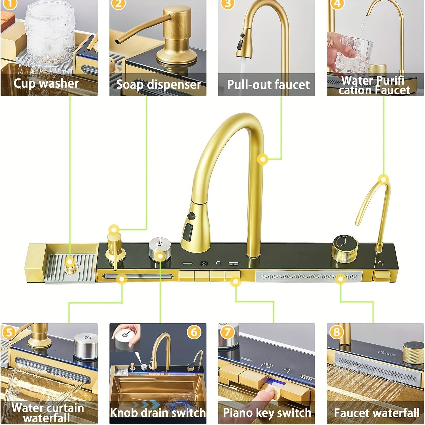 Golden Multifunctional Waterfall Digital Display Sink, 304 Stainless Steel 1 Basin, Smart Sink with Integrated Tap