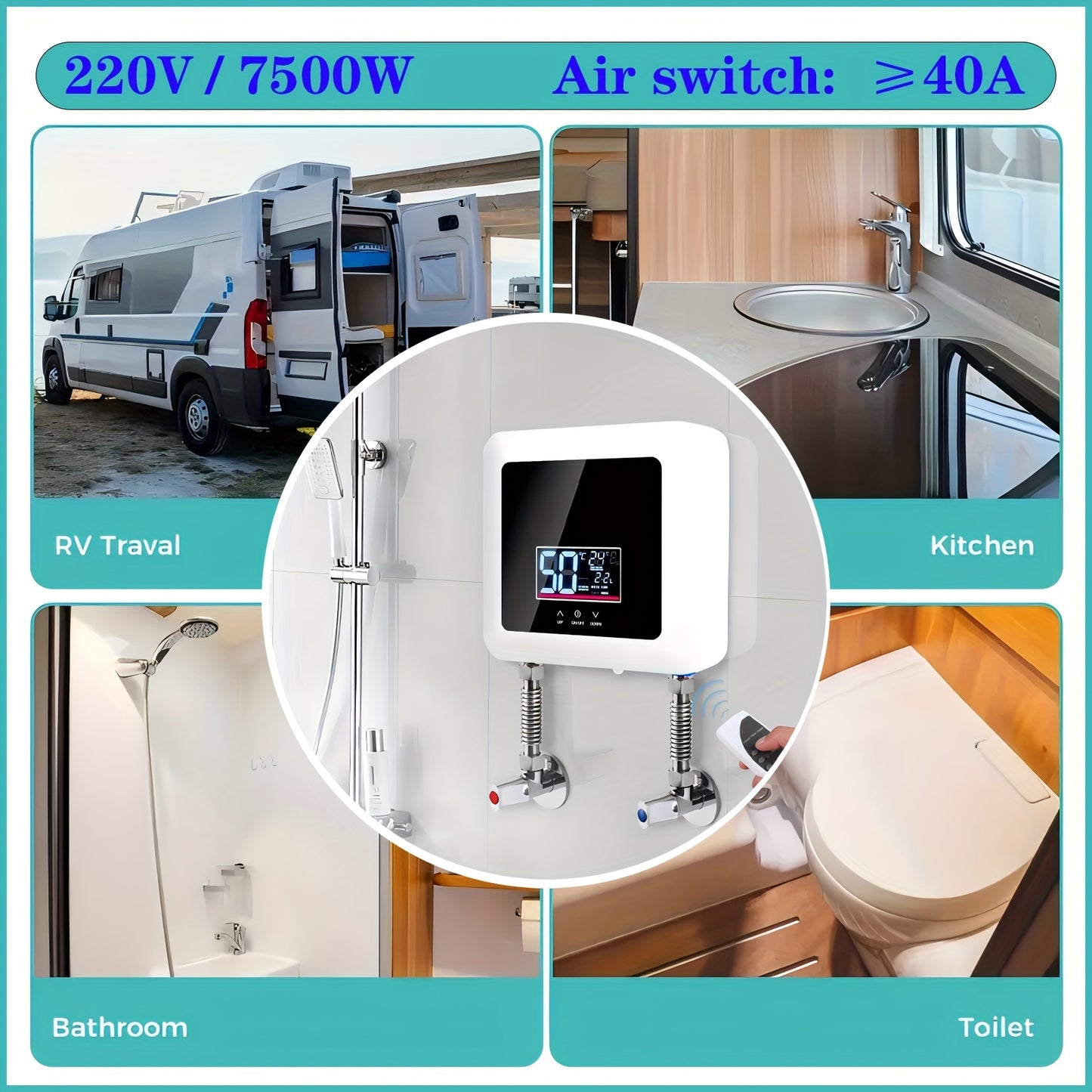 Instant Electric Water Heater, 220V/7500W, Global Use, Remote Control, High-end Cast Aluminum Integrated Heating Body, High-power, Instant Constant Temperature, Safety Protection
